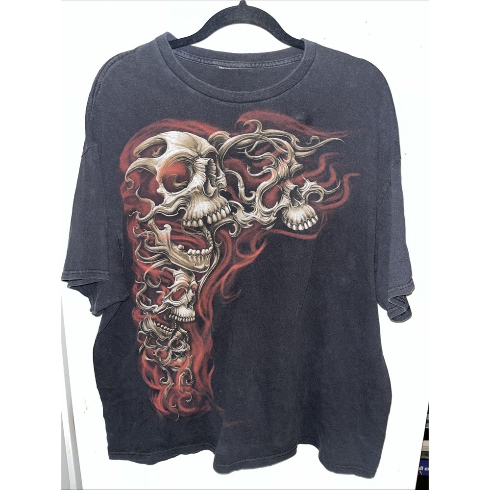VTG Y2K Skulls All Over Print T-Shirt Goth Grunge Emo Sz XL Black Fade Dstrd Men